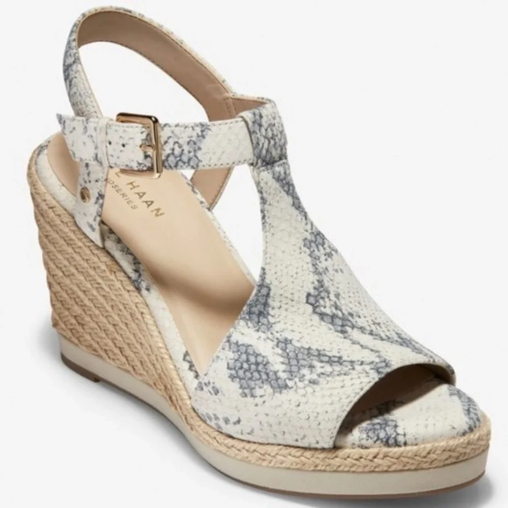 NEW Cole Haan Cloudfeel Embossed Leather Snakeskin Wedge Sandals‎